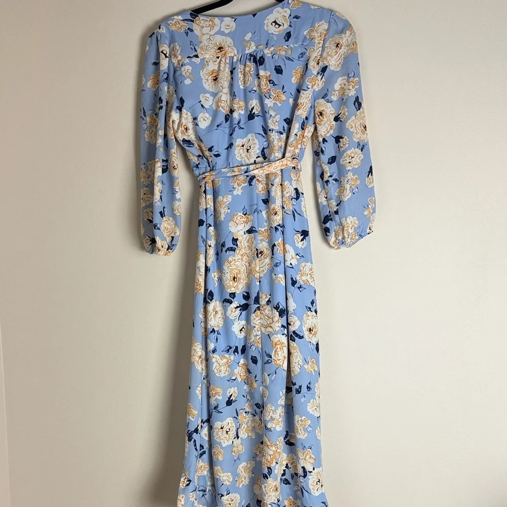 Mi Ami Women's Blue Yellow Floral Wrap Hi Low Midi Dress Size M - Picture 7 of 14